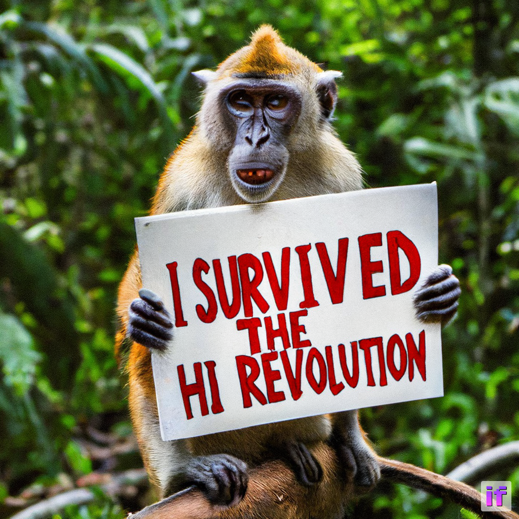 monkey holding a sign that says "I survived the HI revolution